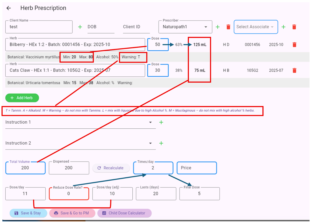 Herb Prescription calculation fields with dose, warning, total volume, times per day and final dose highlighted