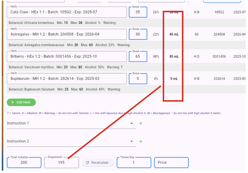 Herb Prescription screen showing 195 mL dispensed after rounding against 200 mL total volume