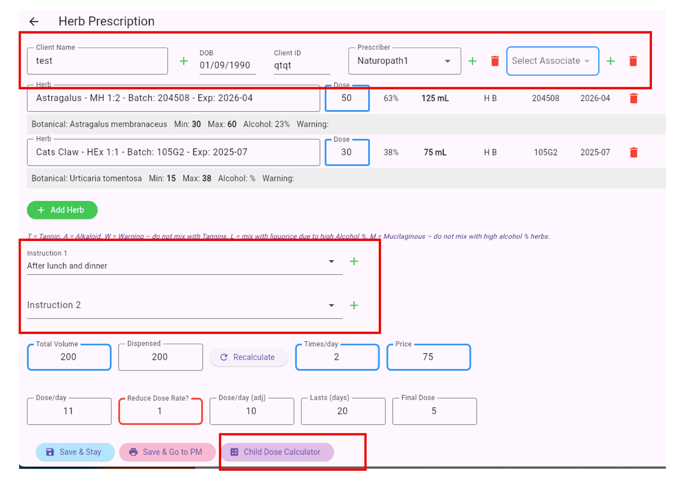 Herb Prescription screen with client, prescriber, instruction and child dose areas highlighted