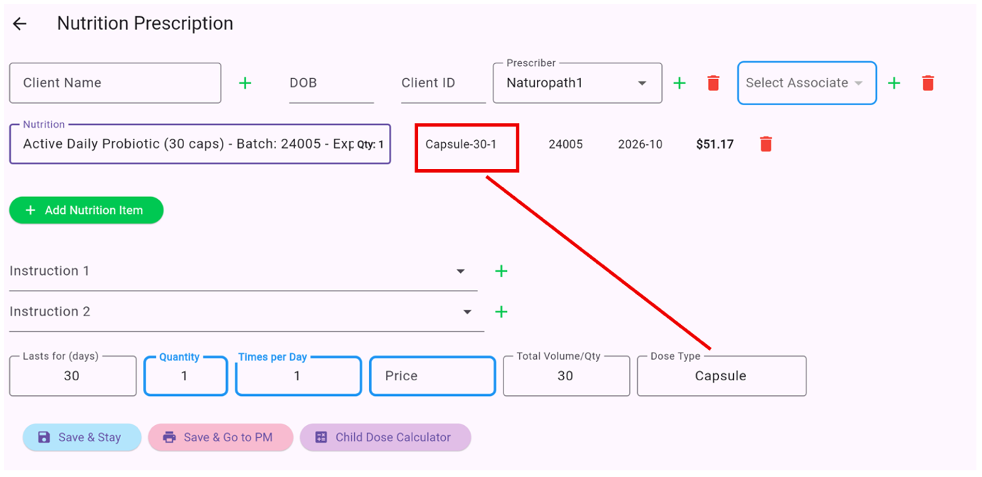 Nutrition Prescription screen with category nomenclature highlighted