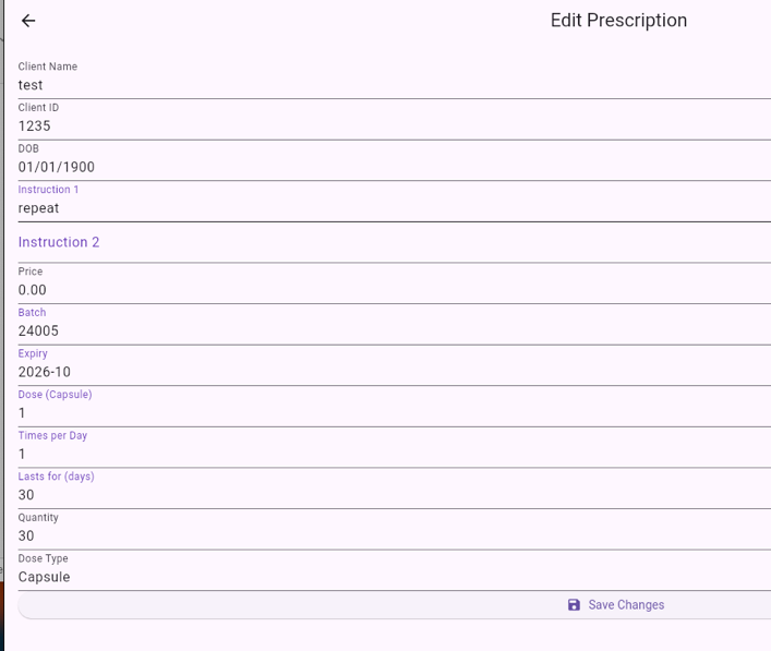 Edit Prescription screen