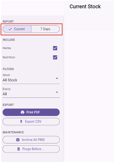 Reports screen controls for Current, 7 Days, Export and Maintenance